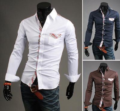 【全球新款ebay外貿(mào)男裝歐美修身男士長(zhǎng)袖襯衫韓版潮流格子拼接】?jī)r(jià)格_廠家_圖片 -